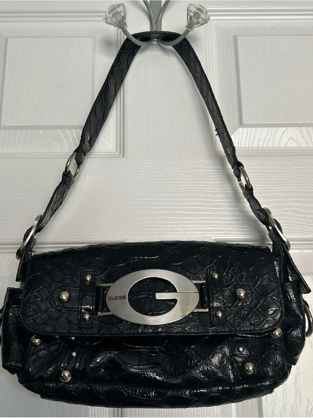 Guess Black Purse Croc-Embossed faux leather with large Silver Logo studded Y2K